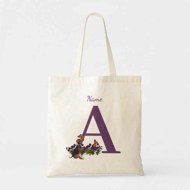 Tote Bag Chiots Beagle Papillons Monogramme Initiale A Nom  (Devant)