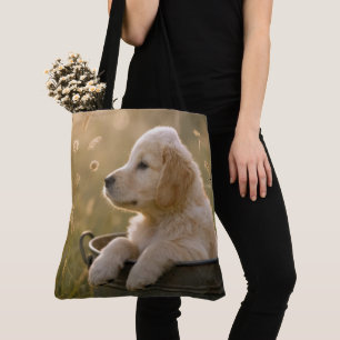 Tote Bag Chiots Retriever Doré dans un seau en métal