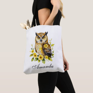 Tote Bag Chouette aquarelle aux fleurs jaunes