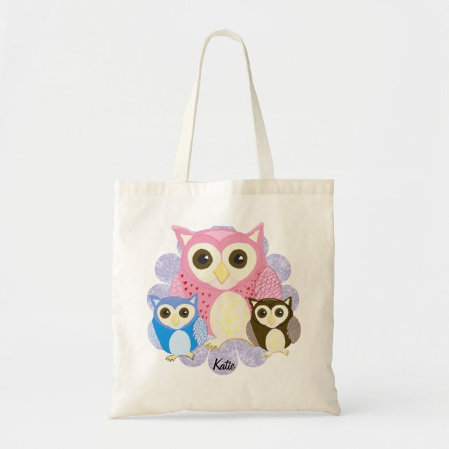 Tote Bag Chouette Brown, Chouette Bleue Et Chouette Rose (Devant)