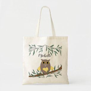 Tote Bag Chouette Cardiaque Jaune Sur Branche Nom Personnal