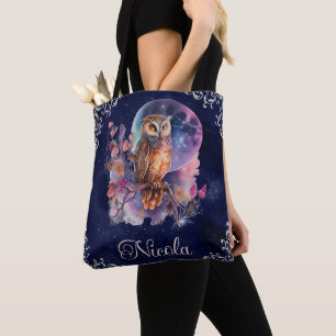 Tote Bag Chouette de fantaisie céleste à l'aquarelle vintag
