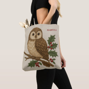 Tote Bag Chouette de Noël brodée rustique avec Holly