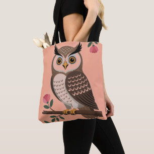 Tote Bag Chouette marron stylisée sur une branche avec des