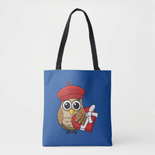 Tote Bag Chouette mignonne avec béret rouge et boîte cardia