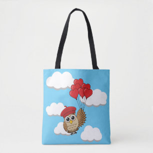 Tote Bag Chouette mignonne volant avec des ballons de coeur