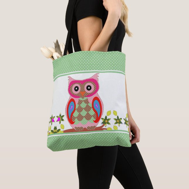 Tote Bag Chouette Patchwork à pois (De près)