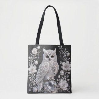 Tote Bag Chouette Perle de Cristal Blanc