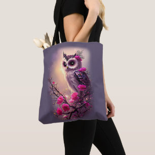 Tote Bag Chouette pourpre et fleurs roses