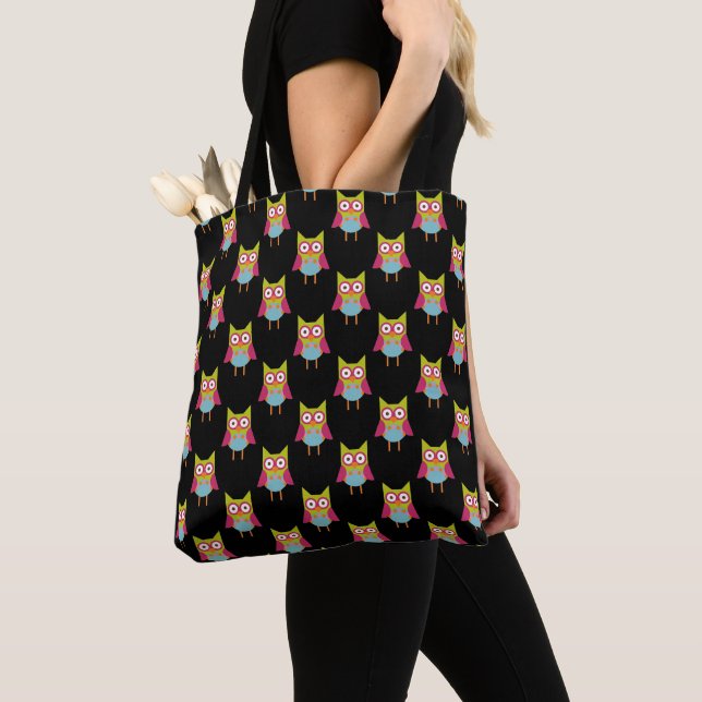 Tote Bag Chouettes mignonnes sur Motif noir (De près)