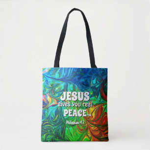 Tote Bag Christian JESUS DONNE UNE VRAIE PAIX Cyan Abstrait