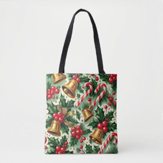 Tote Bag Christmas Bells holly candy canes art pattern