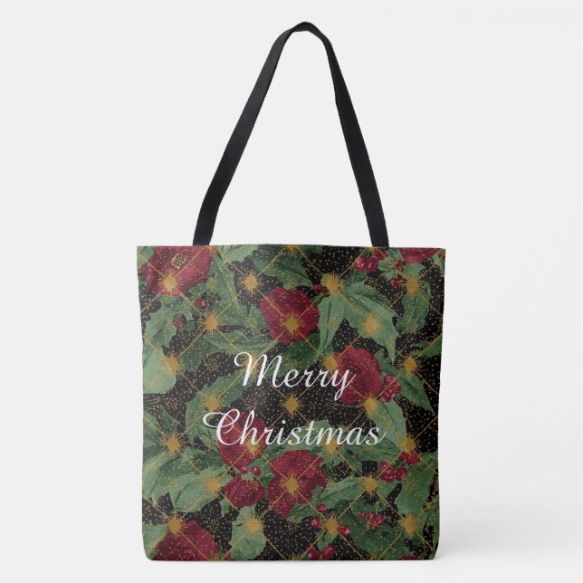 Tote Bag Christmas Flowers Pattern,Gold Red Green Black (Devant)