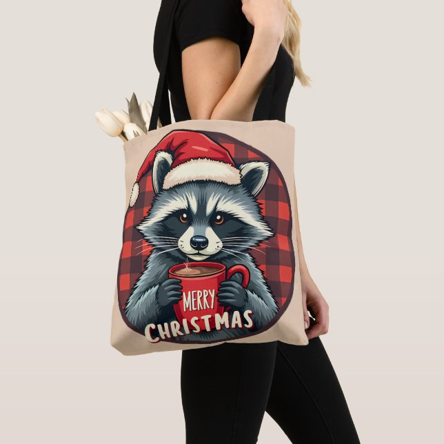 Tote Bag Christmas Raccoon Cocoa Cheer (De près)
