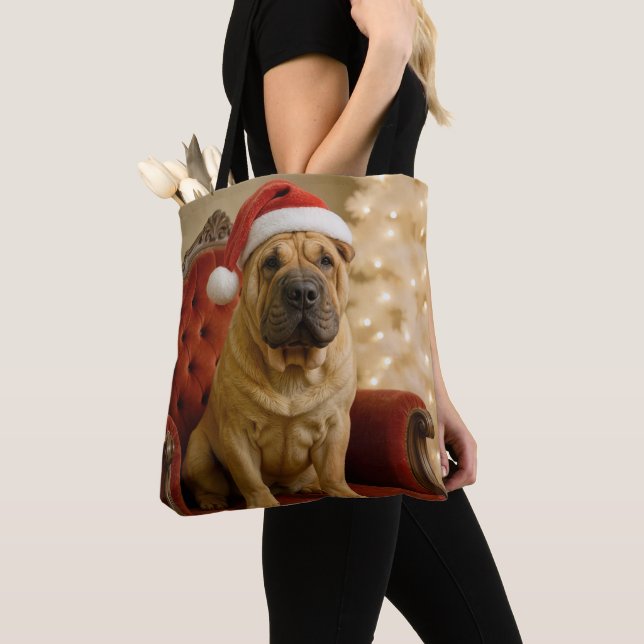Tote Bag Christmas Shar-Pei Dog With Santa Hat (De près)