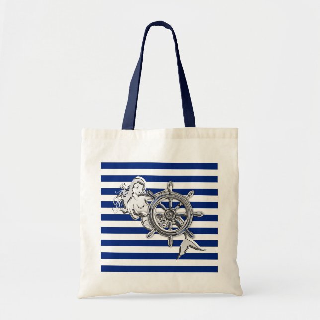 Tote Bag Chromome Style Sirène sur les bandes Nautiques (Devant)