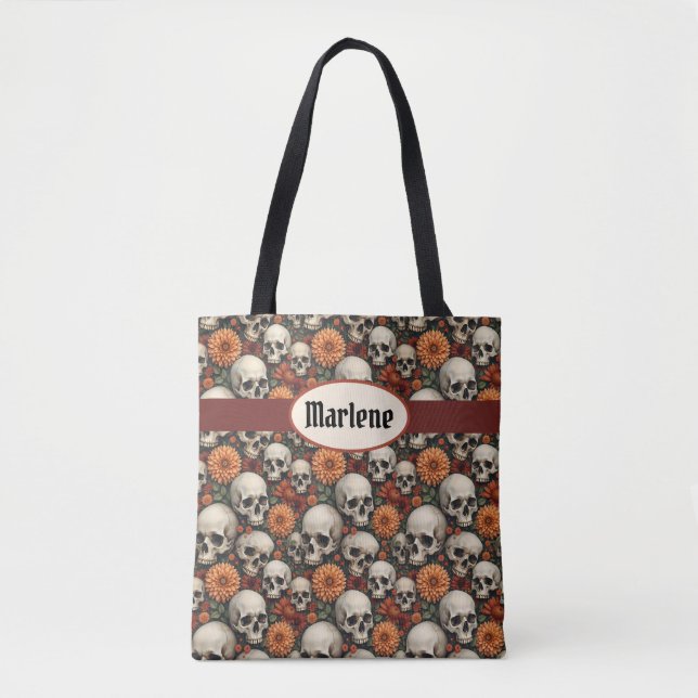 Tote Bag Chrysanthèmes et crânes (Devant)