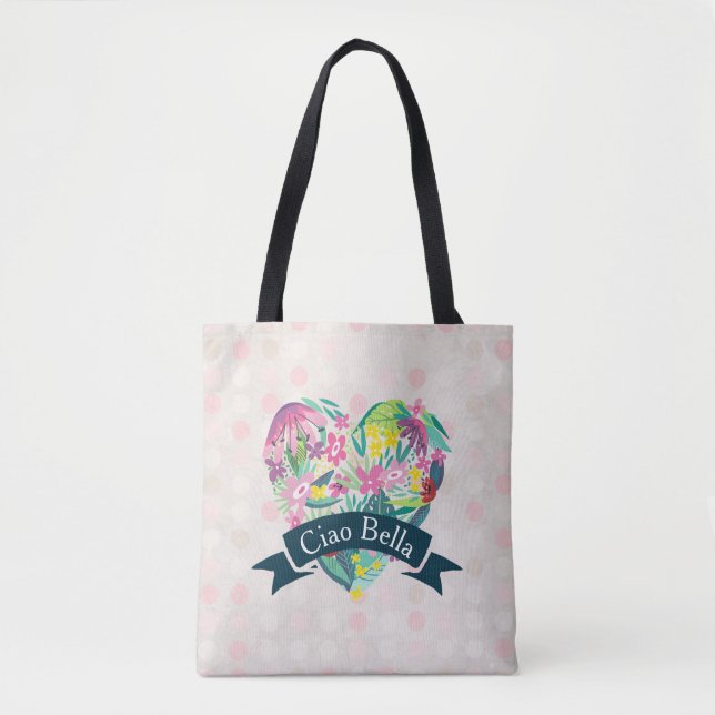 Tote Bag Ciao Bella Cute Coeur Floral sur Cercles roses (Devant)