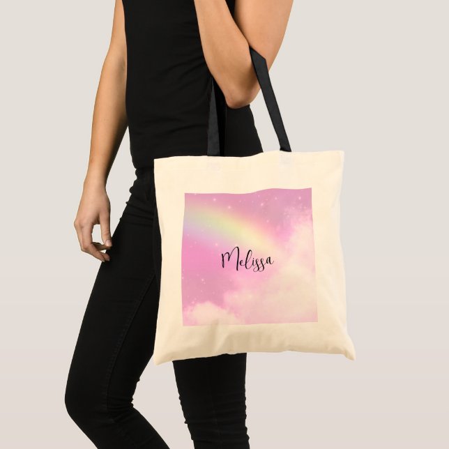 Tote Bag Ciel rose pastel avec arc-en-ciel jaune (Devant (produit))