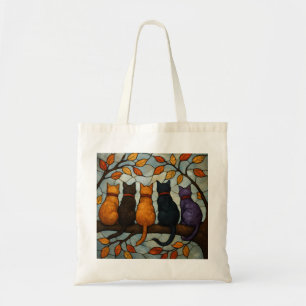 Tote Bag Cinq chats sur une branche d'arbre de style vitrai
