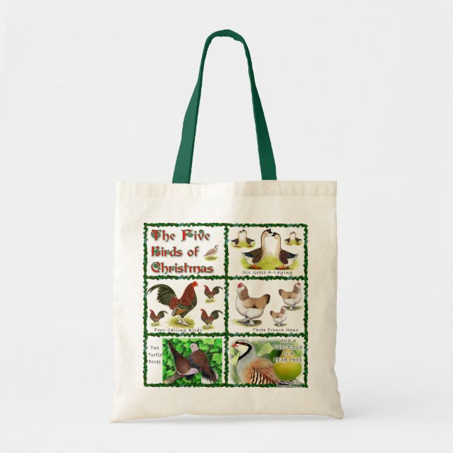 Tote Bag Cinq oiseaux de Noël (Devant)