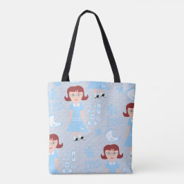 Tote Bag Cinquante mignonnes fille rétro Motif bleu illustr