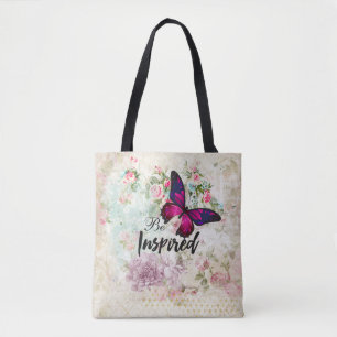 Tote Bag Citation inspirée et collage de papillon rose