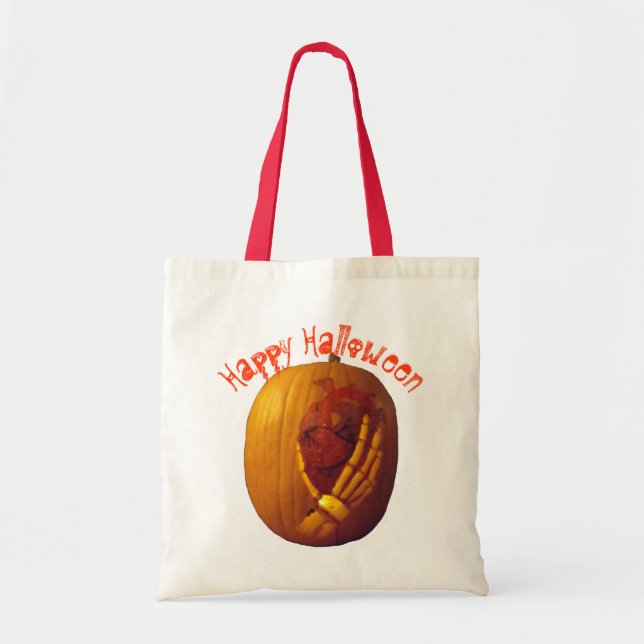 Tote Bag Citrouille, Coeur dans la main de squelette (Devant)