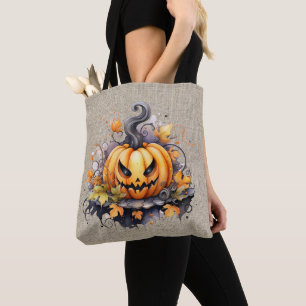 Tote Bag Citrouille Creepy Jack-O' Lantern Toile de Jute Ha