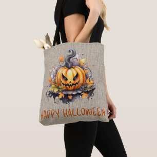 Tote Bag Citrouille Creepy Jack-O' Lantern Toile de Jute Jo