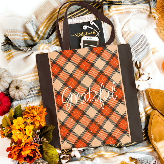 Tote Bag Citrouille d'automne classique Orange Brown Tartan
