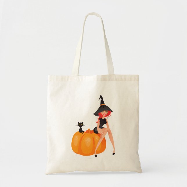 Tote Bag Citrouille de la sorcière d'Halloween et chat noir (Devant)