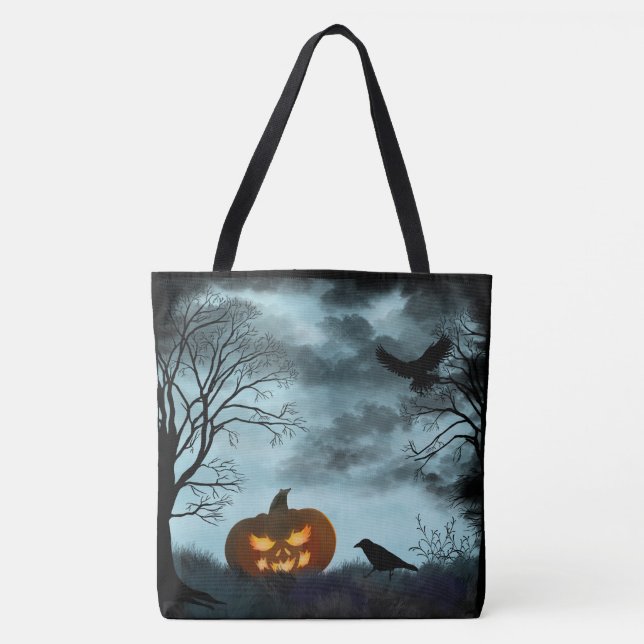 Tote Bag Citrouille d'Halloween et corbeau (Devant)