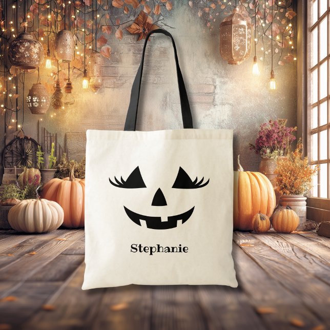 Tote Bag Citrouille Jack-o'-lantern Lashes Avec Prénom (Créateur téléchargé)
