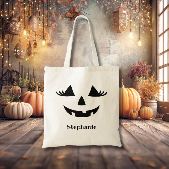 Tote Bag Citrouille Jack-o'-lantern Lashes Avec Prénom (Créateur téléchargé)