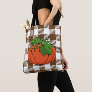 Tote Bag Citrouille orange sur Motif Brown blanc À damiers