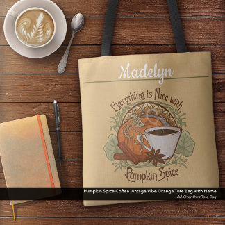 Tote Bag Citrouille Spice Café Vintage Vibe Nom orange
