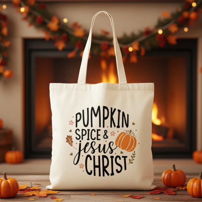 Tote Bag Citrouille Spice et Jésus Christ (Pumpkin Spice and Jesus Christ Christian themed Autumn Inspired  Tote Bag )