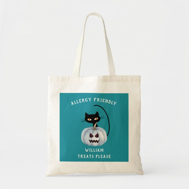 Tote Bag Citrouille turquoise Halloween Chat noir Allergie  (Devant)