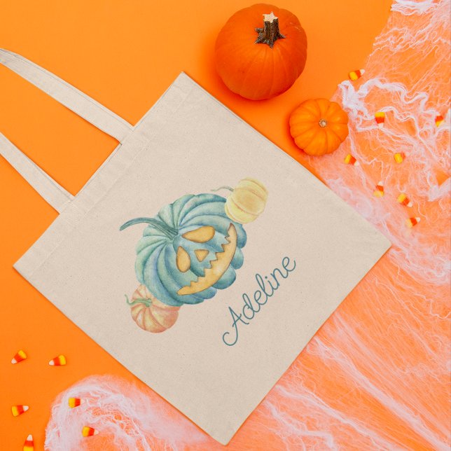 Tote Bag Citrouille Turquoise personnalisé Halloween Trick  (Créateur téléchargé)