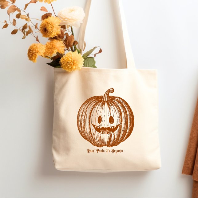 Tote Bag Citrouille Vibes Halloween Ne pas paniquer C'est b (Vintage jack o lantern funny halloween tote featuring the quote Don't Panic It's Organic.)