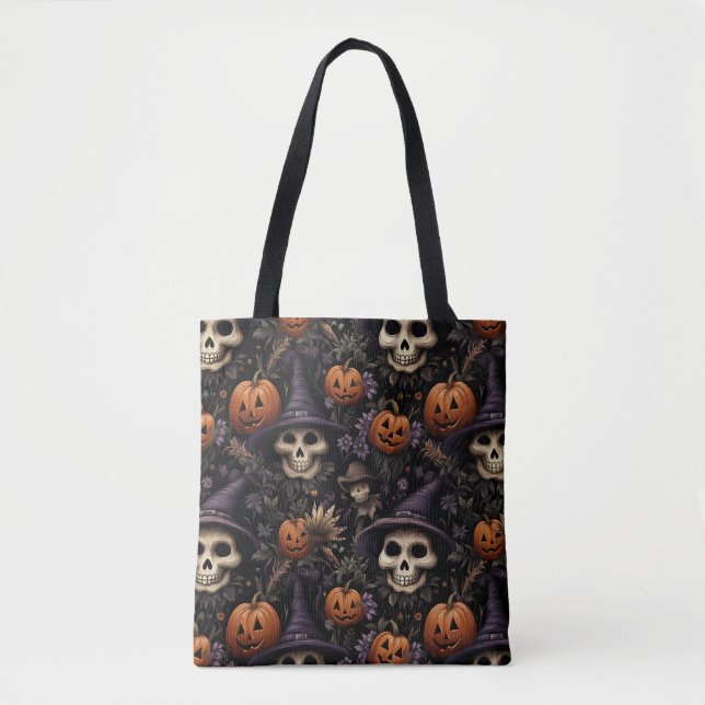 Tote Bag Citrouilles Crânes Fleurs Halloween (Devant)