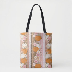 Tote Bag Citrouilles d'automne & dentelle fleurie Motif san