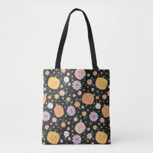 Tote Bag Citrouilles d'Halloween rétro et Motif de fleurs
