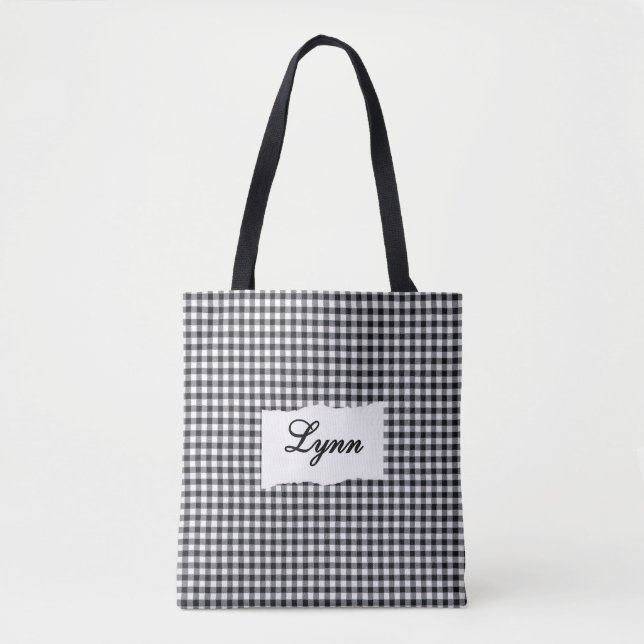 Tote Bag Classic Black & White Gingham | Personalized Name (Devant)