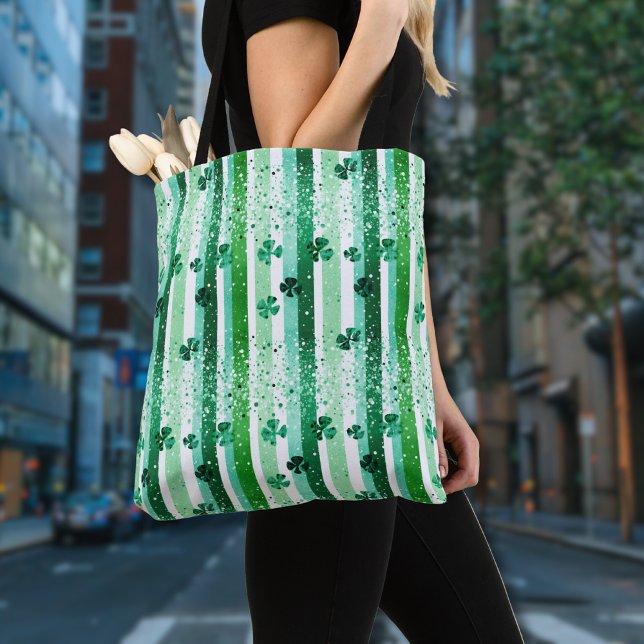 Tote Bag Classic Green White Vertical Stripes Shamrocks (Créateur téléchargé)