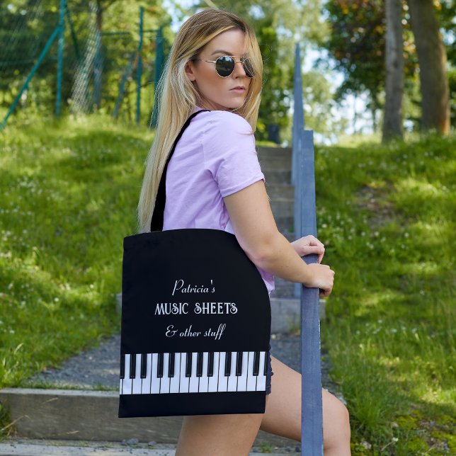 Tote Bag Clavier de piano et texte personnalisable noir et  (Piano keyboard and customizable script back and white tote bag)