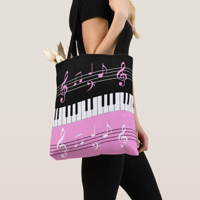 Tote Bag Clés et notes pour piano noir blanc rose élégant (De près)