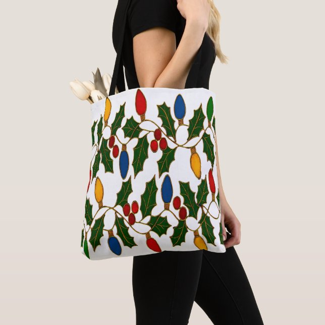Tote Bag Cloisonne Art Christmas Lights and Holly (De près)