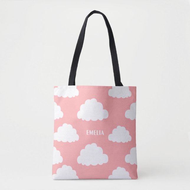 Tote Bag Clouds blancs Motif rose vif personnalisé (Devant)